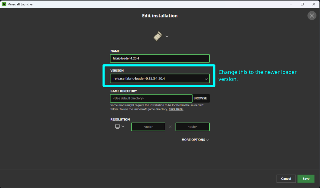 Atualizando a versão do Fabric Loader no Minecraft Launcher
